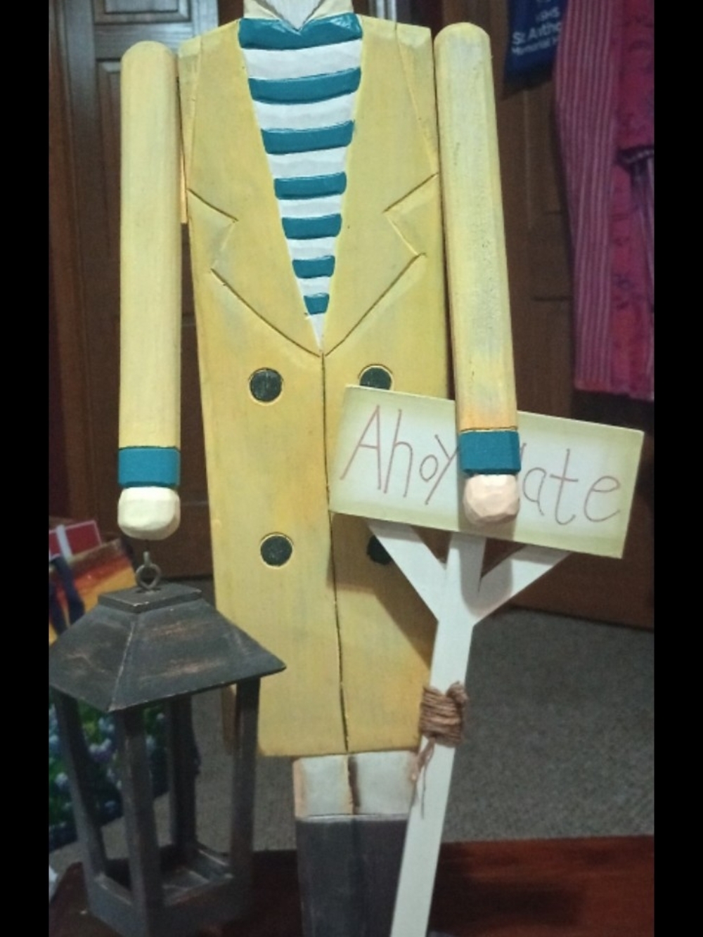 Handcrafted Yellow Nautical Wooden Figurine with Lantern